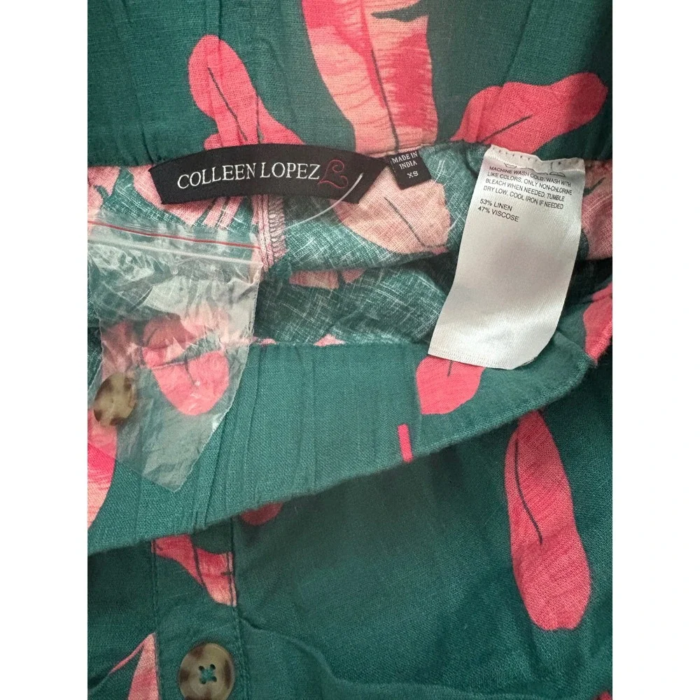 Colleen Lopez XS Skirt Green Pink Leaf Print Button Front Midi Ruched - Picture 6 of 7